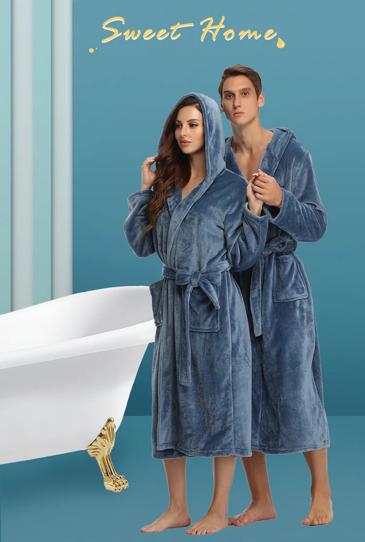 Flannel Bathrobe Gown Long Sleeve Nightgown Women Hooded Sleepwear Warm Couple Winter New Kimono Peignoir with Pocket Loungewear