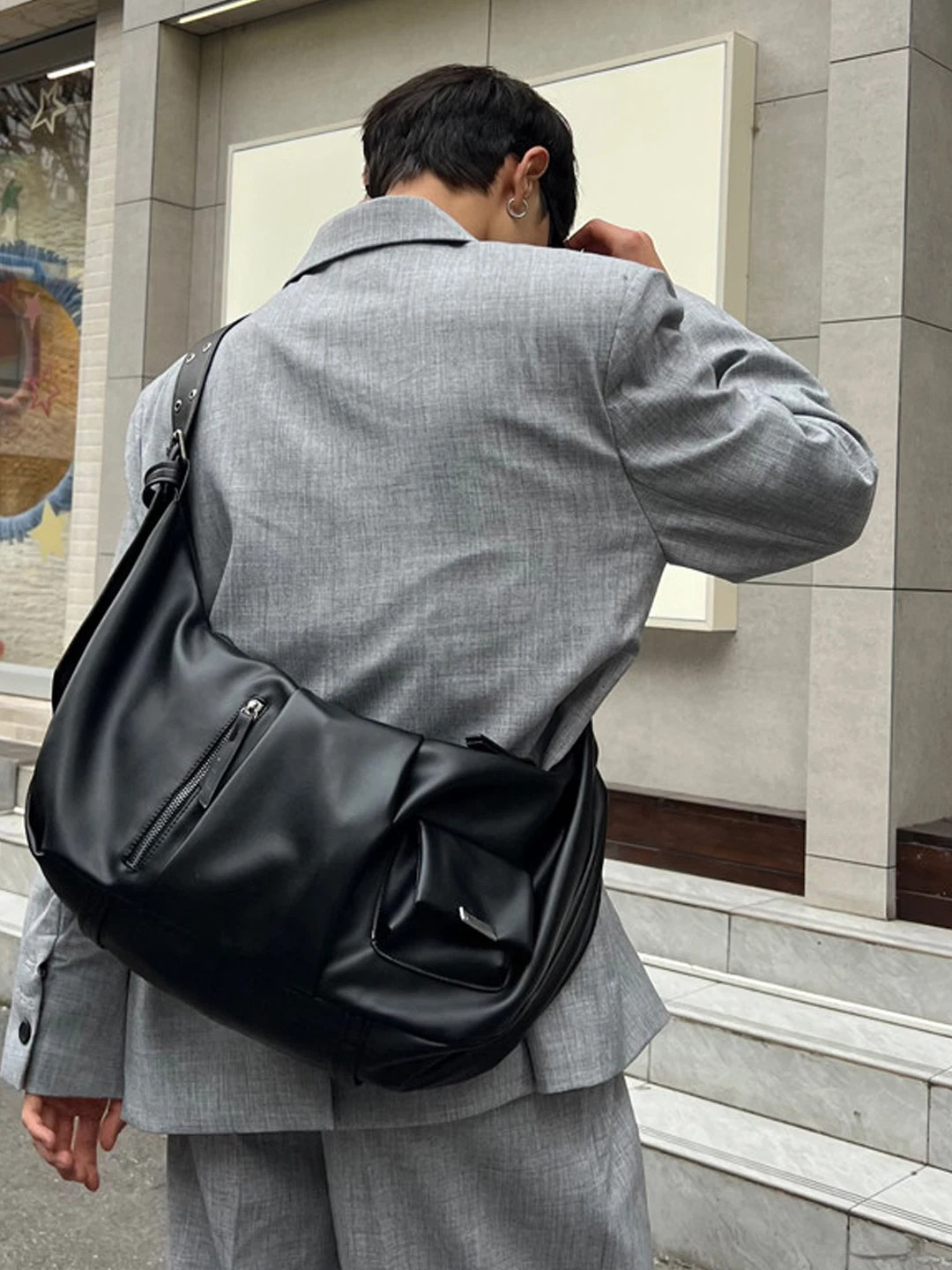 NIN Unique Design Dumpling Shape Tote Bag Unisex Crossbody Shoulder Bag Korean Style Casual Pure Color PU Leather Bag
