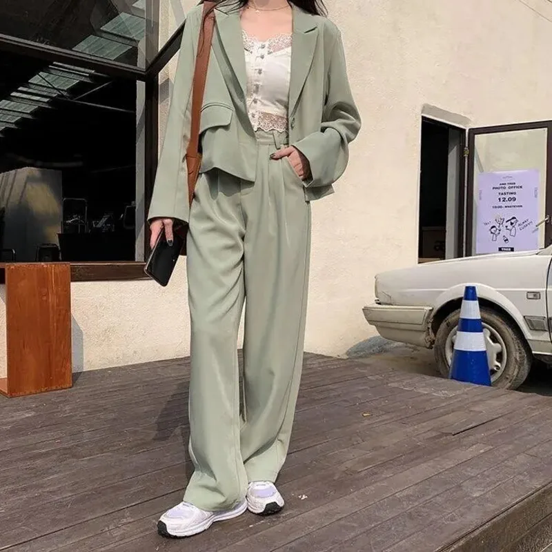 Vintage Women Pant Suit Women Casual Fashion Light Green Notched Blazer Jacket  Pant Office Wear Women Suits Female Sets