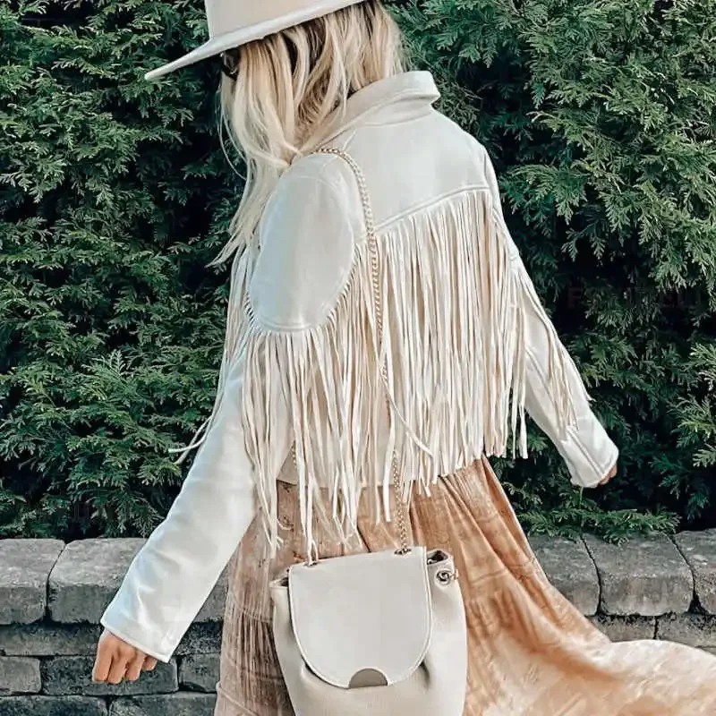 Women's Casual Fringe Cropped Jacket Western Boho Vintage Long Sleeve Zip Up Trendy Autumn Outerwear