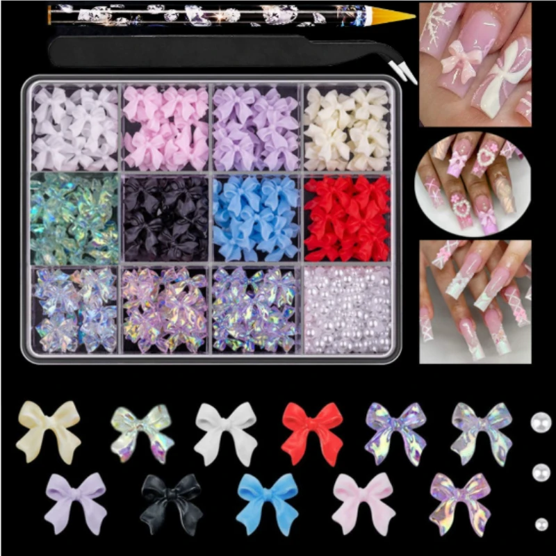 1箱12個入り レジン製リボンネイルアートデコレーション 3D カラフルで可愛いリボン、ハート、星、ラインストーンデコレーション ペンとピンセット付き