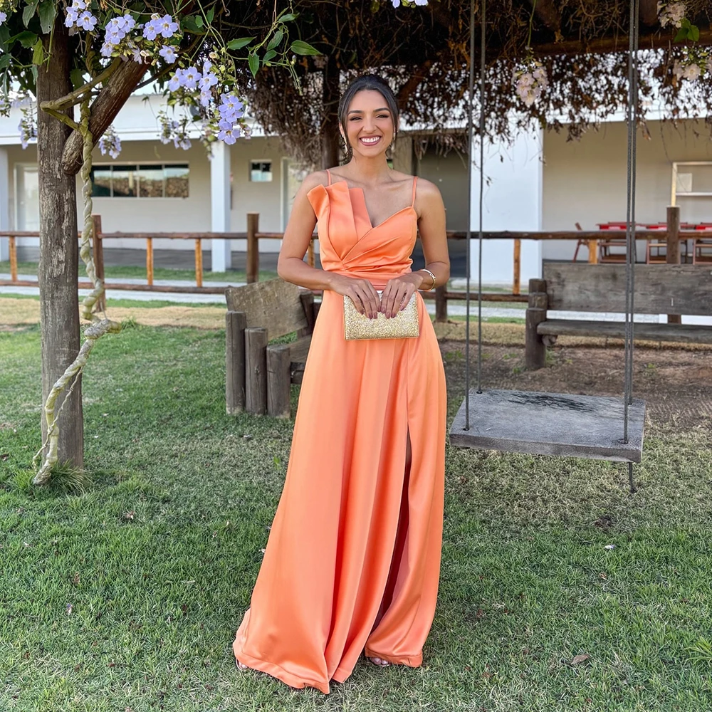 

Msikoods Orange Satin Prom Dresses 2025 Spaghetti Strap High Split Bridesmaid Dress Sexy Wedding Guest Party Dress Customized