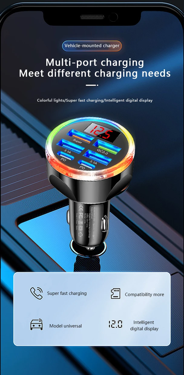 UYUXIO 6-in-1-USB-C-Autoladegerät mit Voltmeter, Multi-Port-Schnellladeadapter mit Spannungsanzeige für iPhone 17 16 Samsung – Detail 1