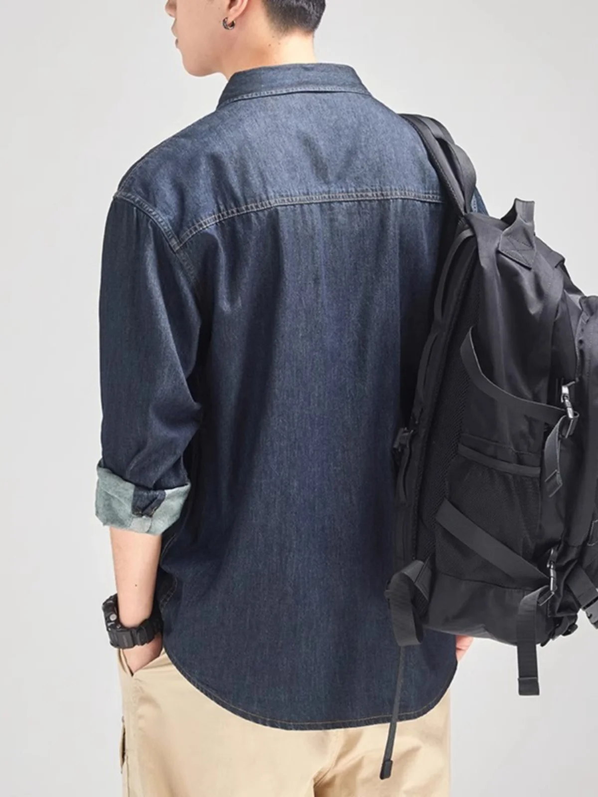 Americano clássico azul escuro bonito macio denim camisa casual masculina outono ligeiramente solto ferramentas camisa de manga comprida jaqueta masculina