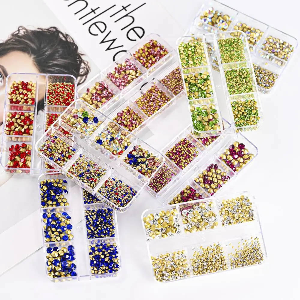 1000pcs Cone Diamond Nail Rhinestones Mix Size 2/3/4mm Mini Glass Stone Nail Art Decoration Gem Gold Back Sparkly Manicure Jewel