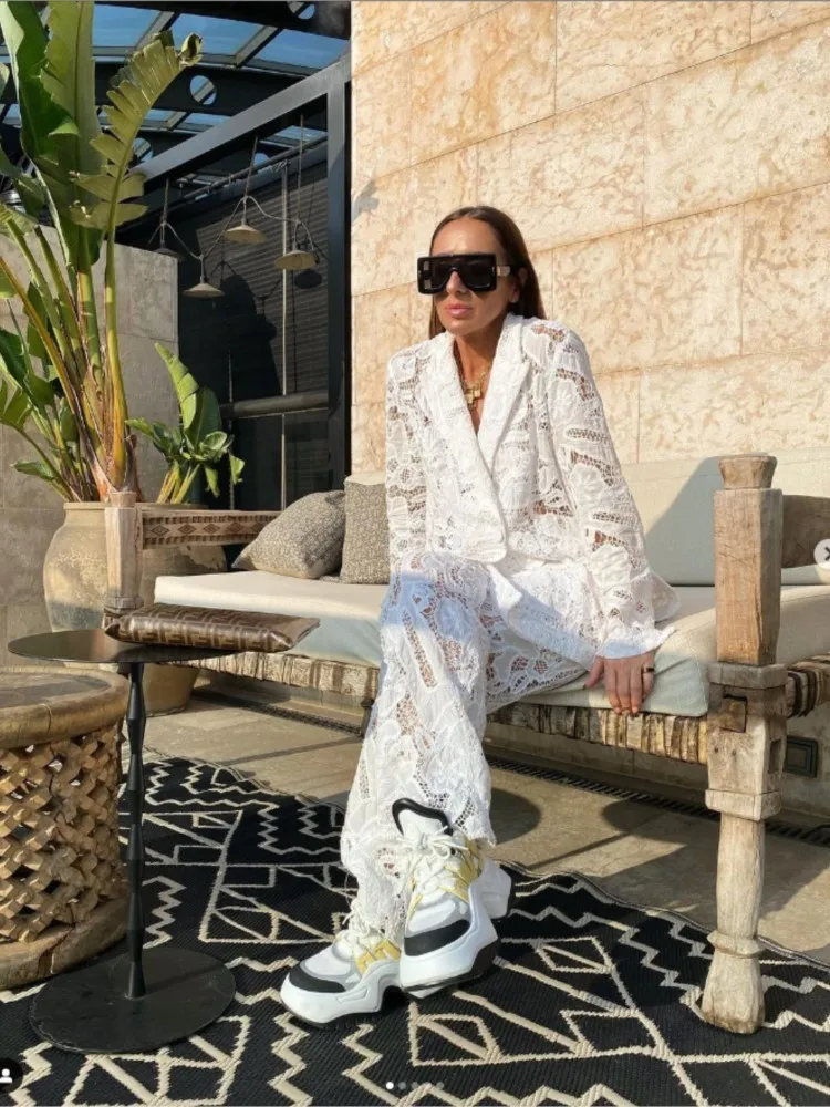 

Fashion Lapel Long-sleeved Suit Blazer + Wide-leg Pants 2-piece Set Women Sexy Autumn Solid Color Hollow Lace Casual Suit Female