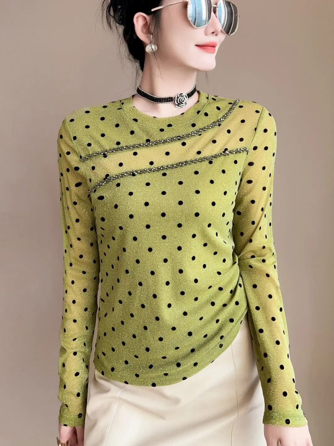 Fashionable Long Sleeve T-Shirt Women's Autumn New Style Bright Thread Polka Dot Slim Fit Base Shirt Casual Style round Neck
