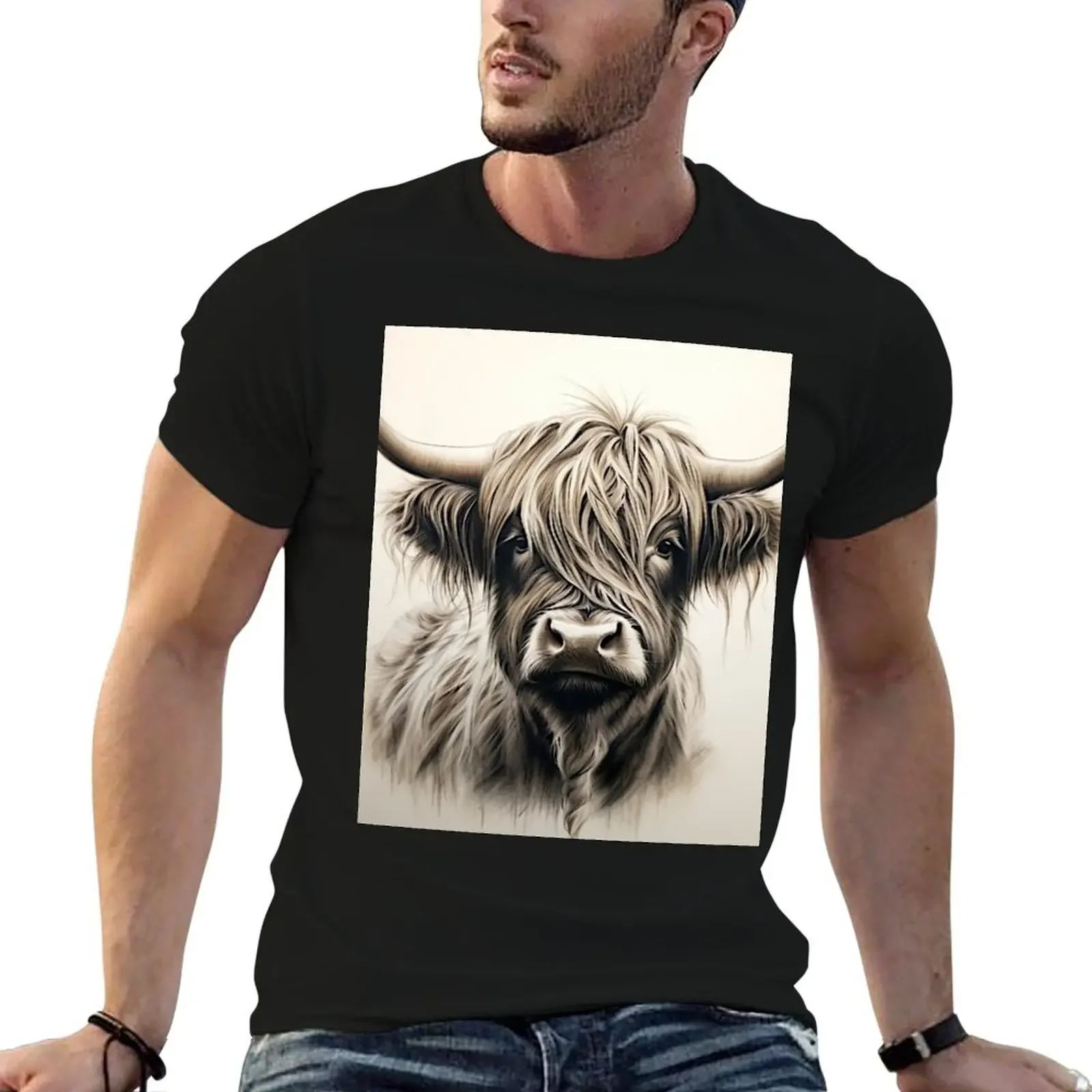 

Highland Cow Black and White, Sepia T-Shirt anime figures anime stuff plain anime t shirts mens funny t shirts