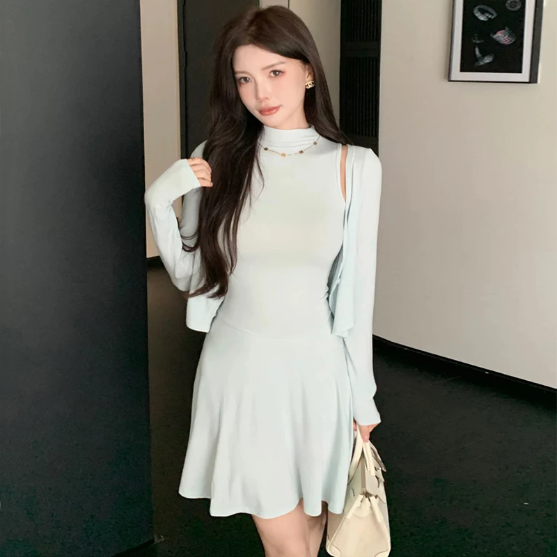 Women 2026 New Early Fall 2 Piece Outfit, V Neck Long Sleeve Cardigan + Mock Neck Slim Waist Tank Mini Dress Set