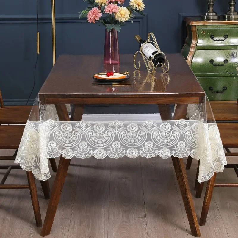 PVC Table cloth Rectangle Waterproof Transparent Round Dining Table Cover TableCloth Soft Lace Embroidered Oil-proof Table Cover