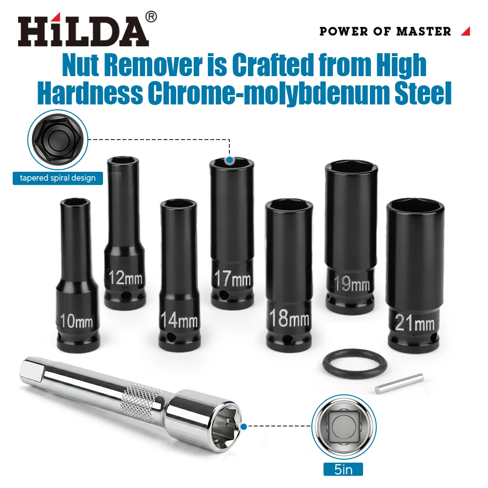 

Набор для снятия поврежденных и ржавых болтов и гаек HILDA, 10 шт., 6-гранные глубокие стальные головки для электрического гайковерта