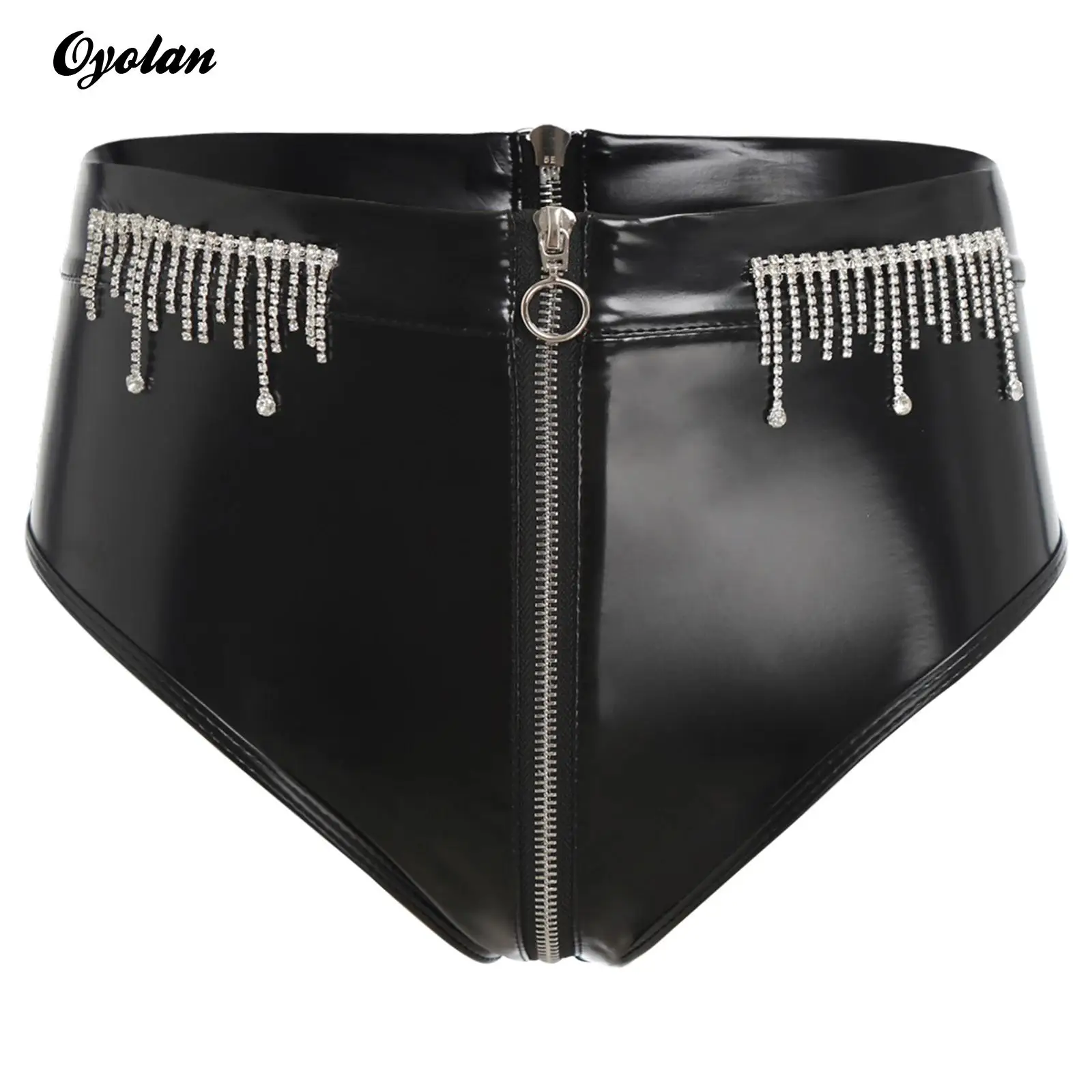 

Sexy Womens Rhinestone Tassel PU Leather Latex Underwear Double-end Zipper High Waist Panties Glossy Booty Shorts Rave Clubwear