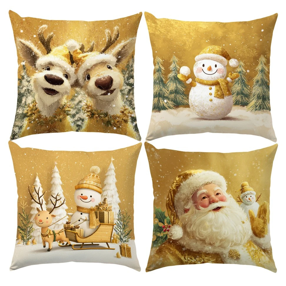 Taies d'oreiller de Noël festives : motifs rennes, bonhomme de neige, Père Noël et traîneau, décoration de salon, décoration de maison pour les fêtes du Nouvel An S