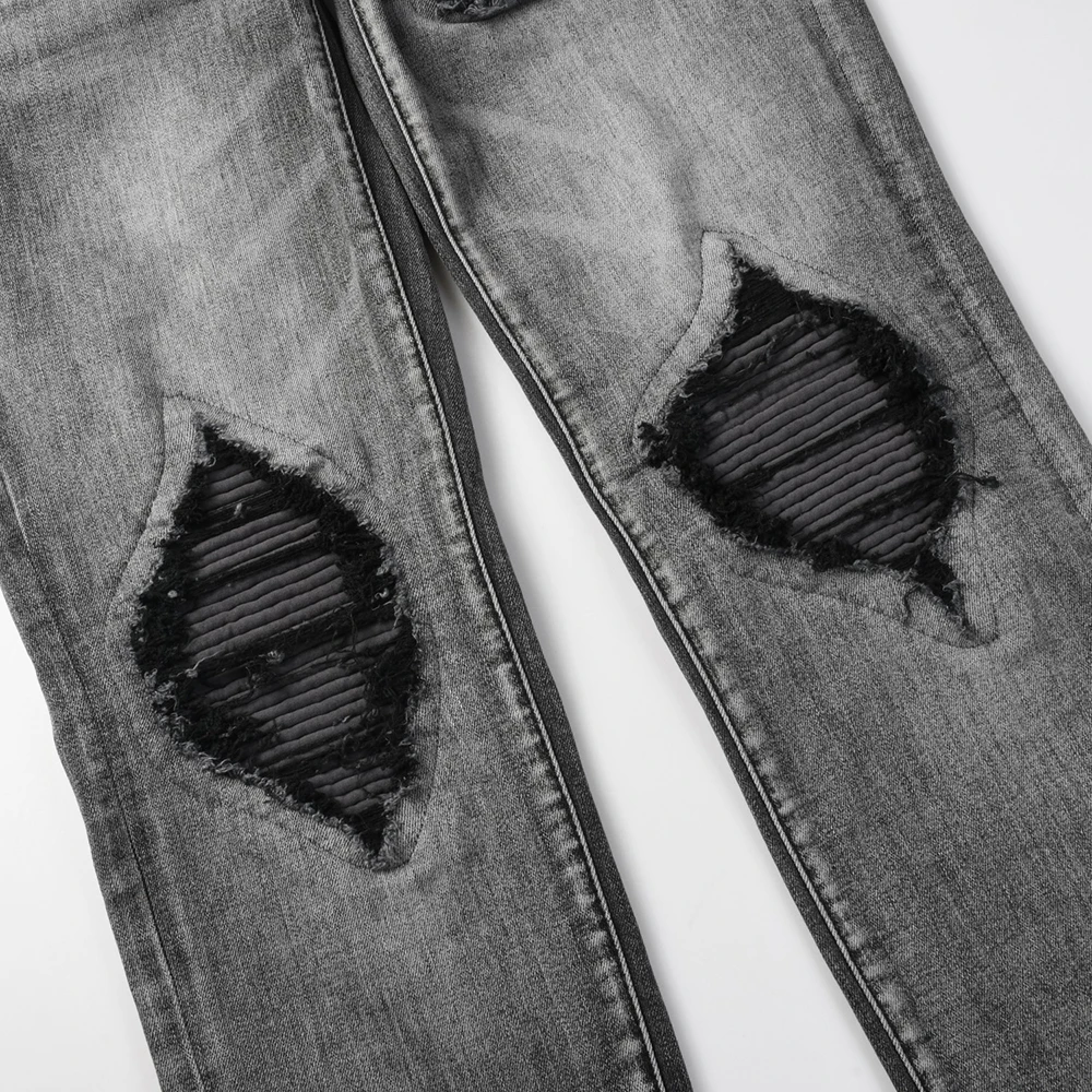 Men's Streetwear Skinny Jeans Pleated Flannel Patch Stretch Denim Pants Distressed Patchwork Tapered Trousers Gray Black view 4