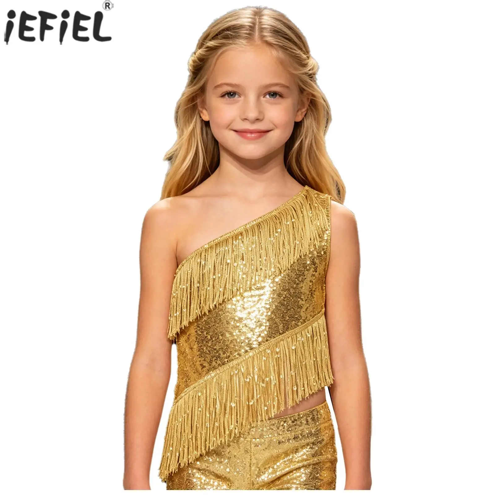 Kids Girls Disco Latin Jazz Dance Crop Top Vest One Shoulder Shiny Sequins Tassels Tank Top Prom Party Stage Performance Costume