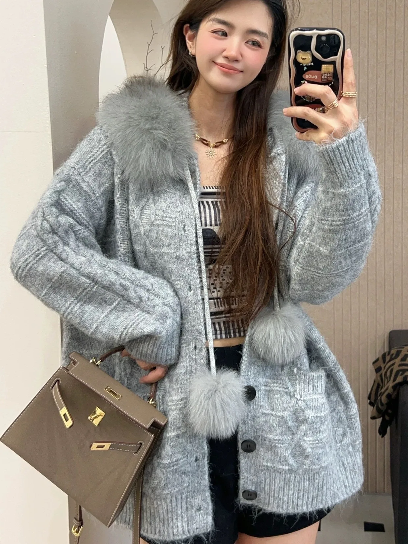 패셔너블 탈부착 가능한 퍼 칼라 후드 루즈 니트 가디건 여성용 초가을 2025 오픈 프론트 스웨터 아우터웨어