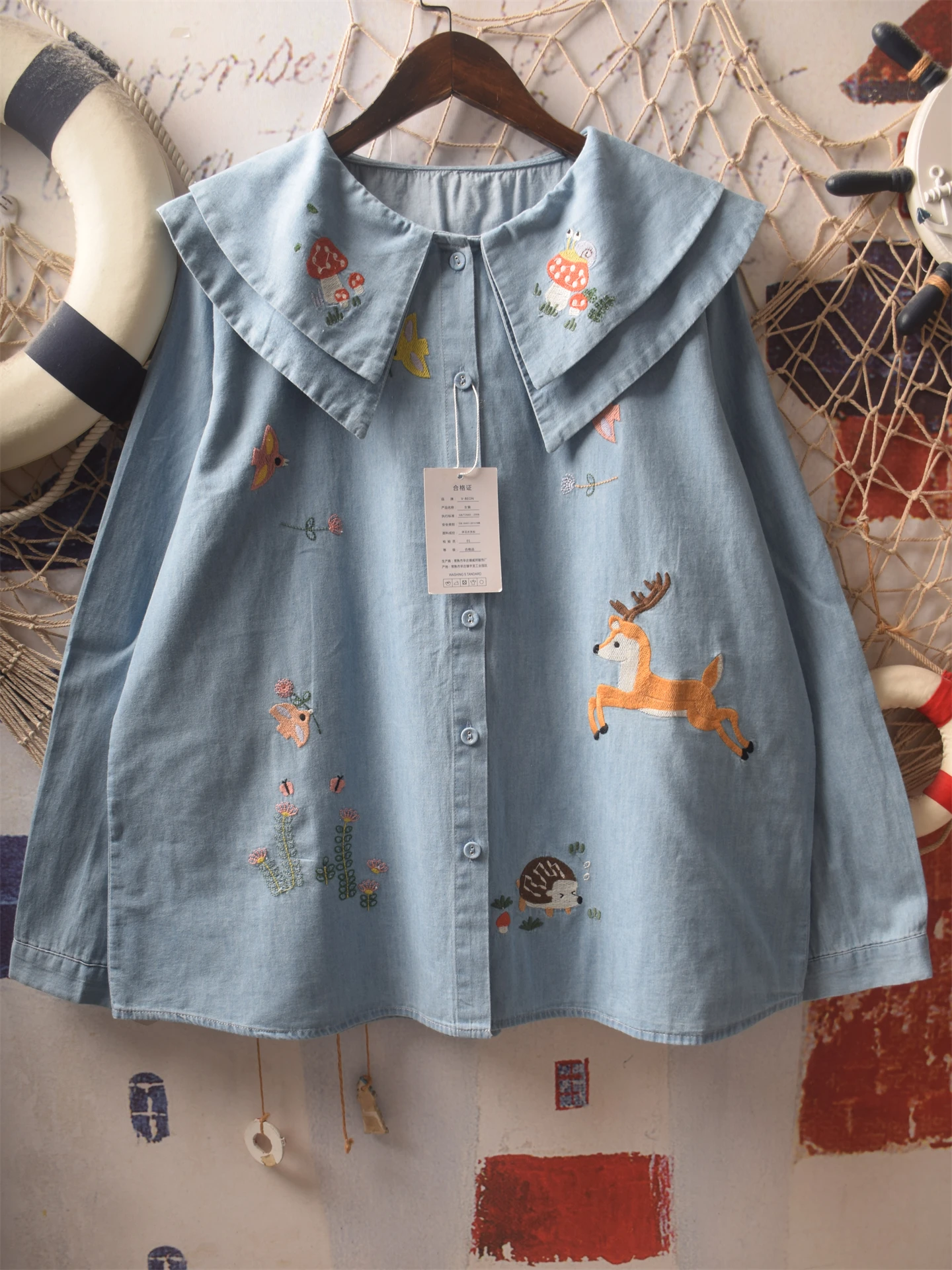 

Японский свободный крой Long Sve Denim irt, двухслойный хлопковый топ с кукольным воротником и вышивкой для девочек-подростков