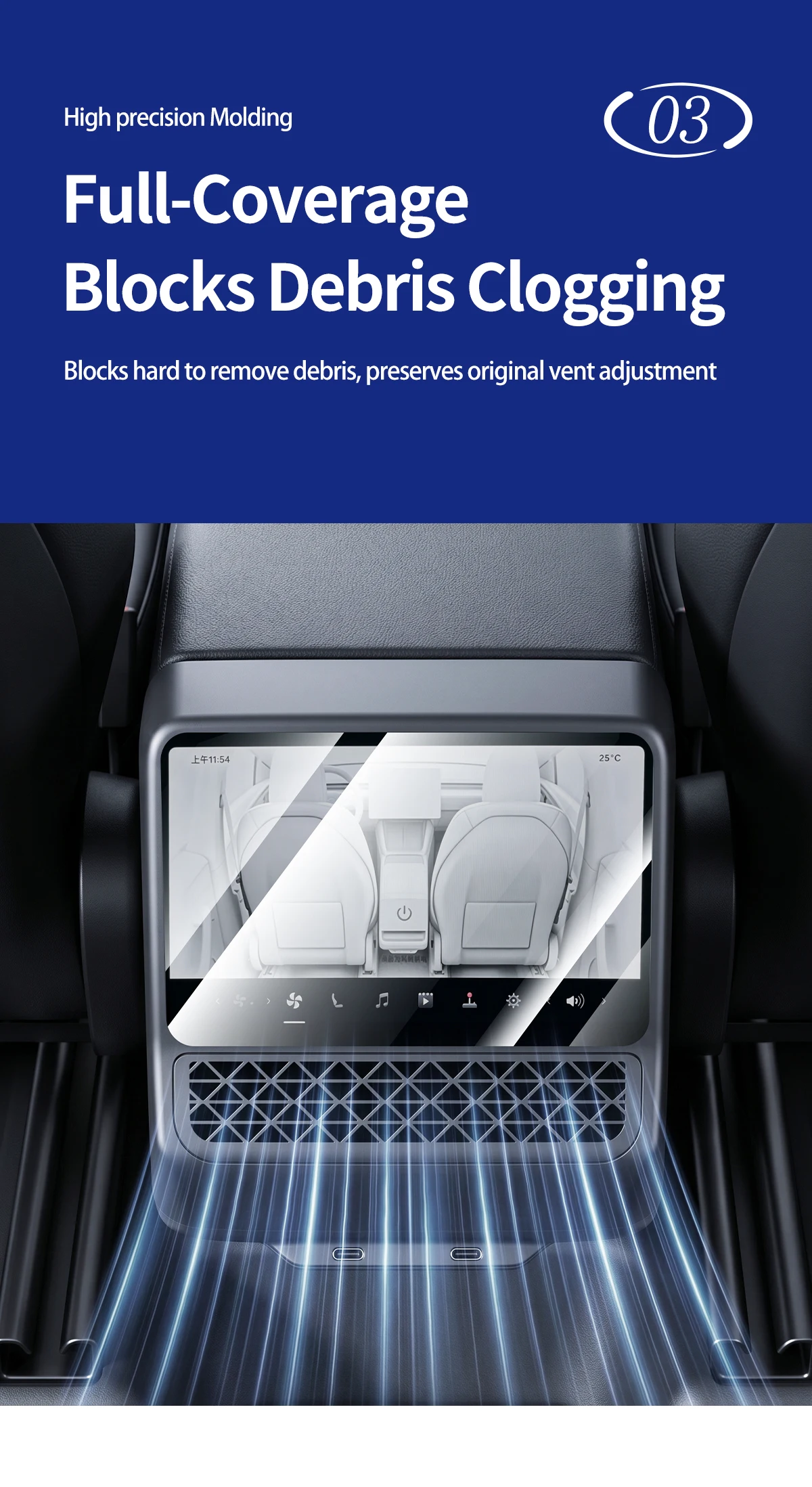 Für Tesla Model Y/YLJuniper Model 3 Highland Auto-Rücksitzmittelkonsolen-Luftauslassabdeckung + Displayschutzfolie aus gehärtetem Glas Zubehör – Detail 4