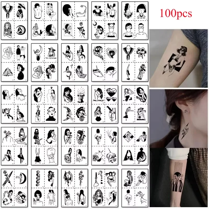 100pcs/set Dark Girls Tatoo Waterproof for Women Adult Black Succubus Tattoo Adhesive Decor Hand Wrist Arm Tatuajes Temporales