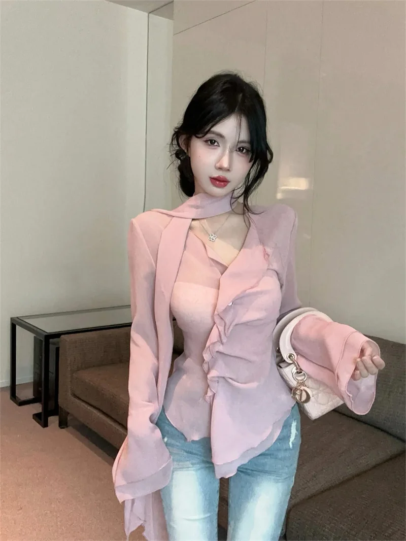 2024 New Fashionable Versatile Ribbon Chiffon Shirt Women's Thin Design with French Trumpet Sleeves and ruffled V-neck Top P30