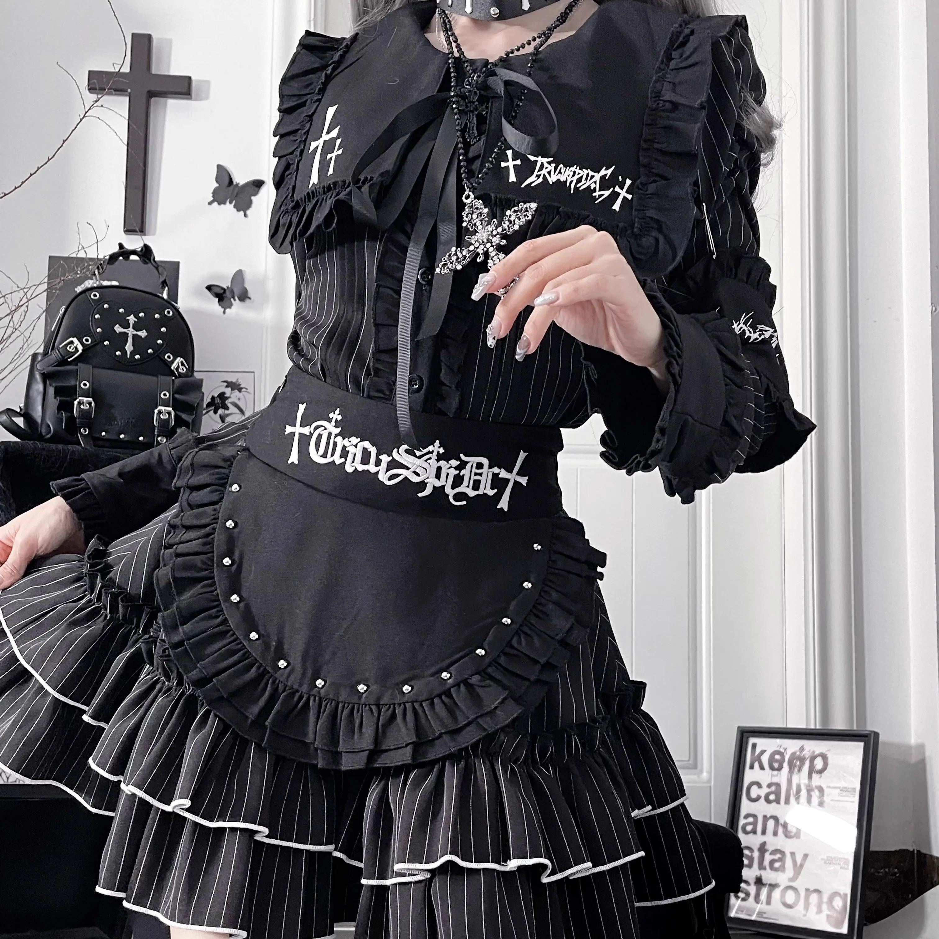 วัฒนธรรมย่อยMineพิมพ์เย็บปักถักร้อยเสื้อแขนยาวชุดกระโปรงฤดูใบไม้ร่วงใหม่ 2025 ญี่ปุ่นGothic HarajukuความงามTop Miniกระโปรง