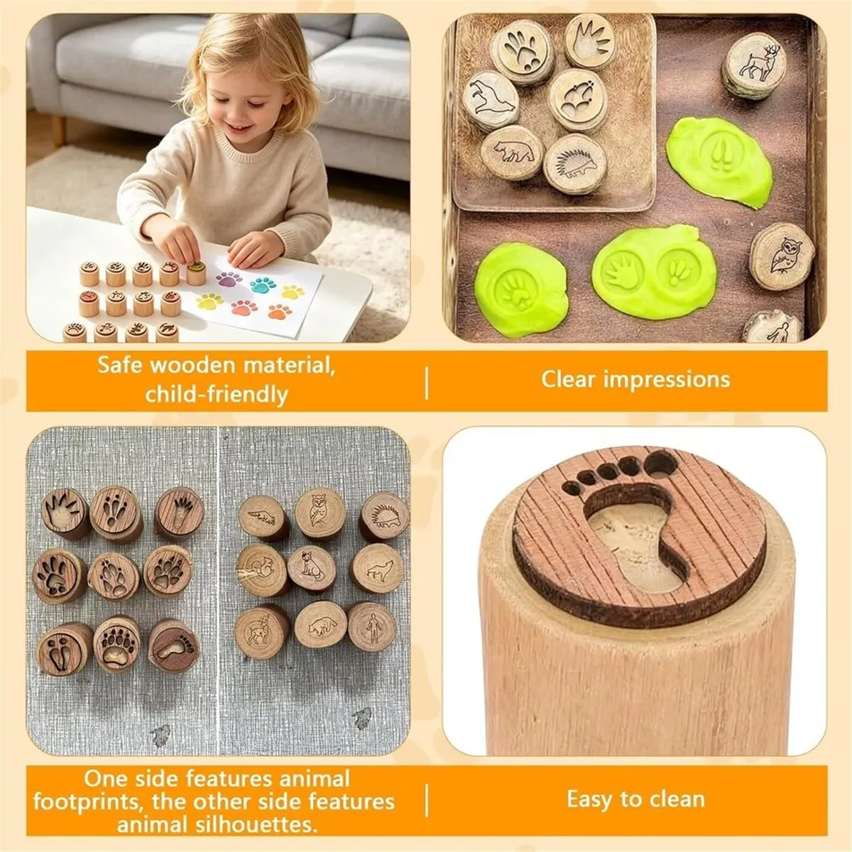 Home Tool 9 Pack Wooden Animal Track Stamps for Playdough Clay, Print Stampers, Footprint Stamping