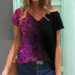 Summer Sequin Gradient 3D Print T-shirts Women Casual Fashion Streetwear Short Sleeve V-Neck T Shirt Harajuku Tees Tops Clothing