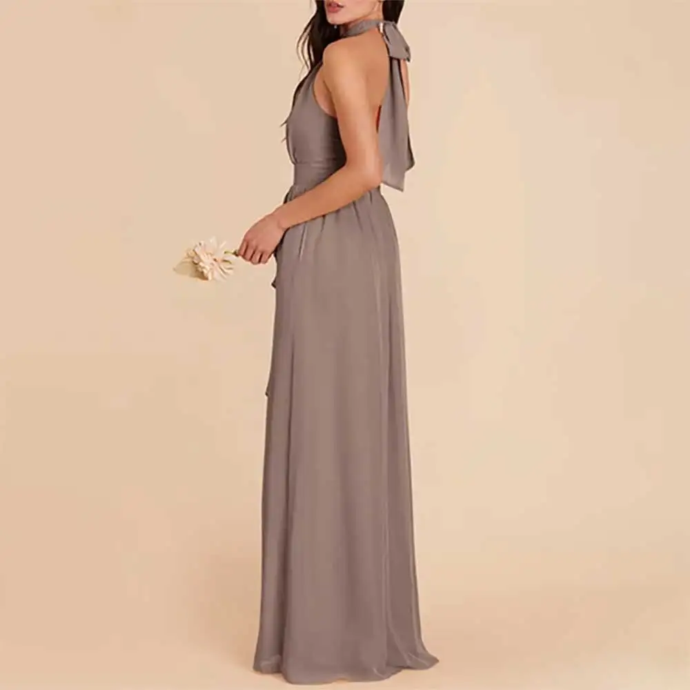 แม่ของชุดเจ้าสาว Halter Ruffled Belted Backless Side Slit ชุดราตรี Elegant Party Dress ชุดเจ้าสาวงานแต่งงาน