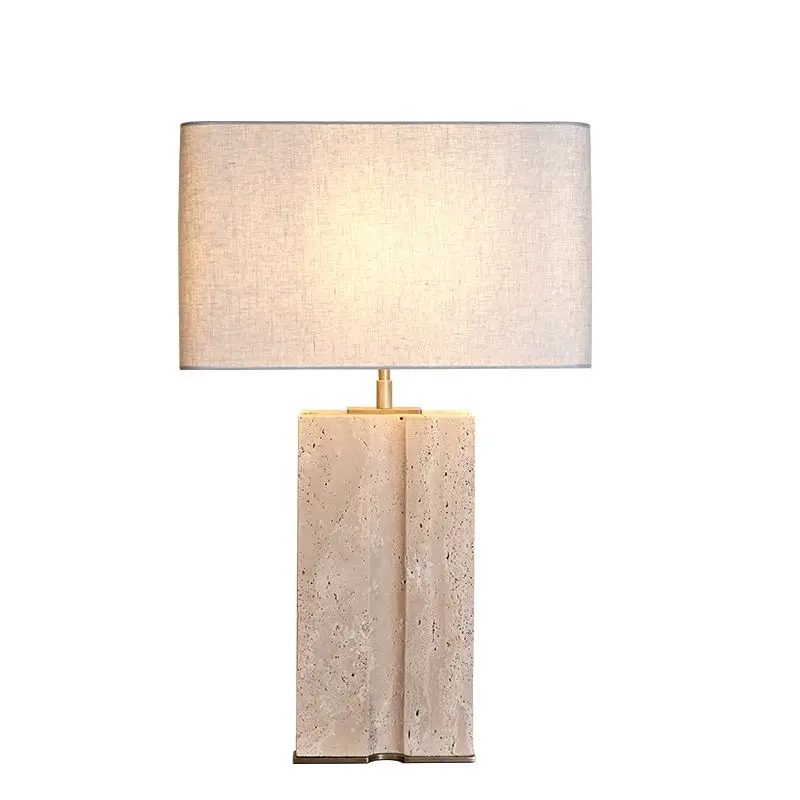 

Rectangular Geometry Groove Natural Travertine Stone Living Room Bedside Desk Table Lamp With Fabric Lampshade