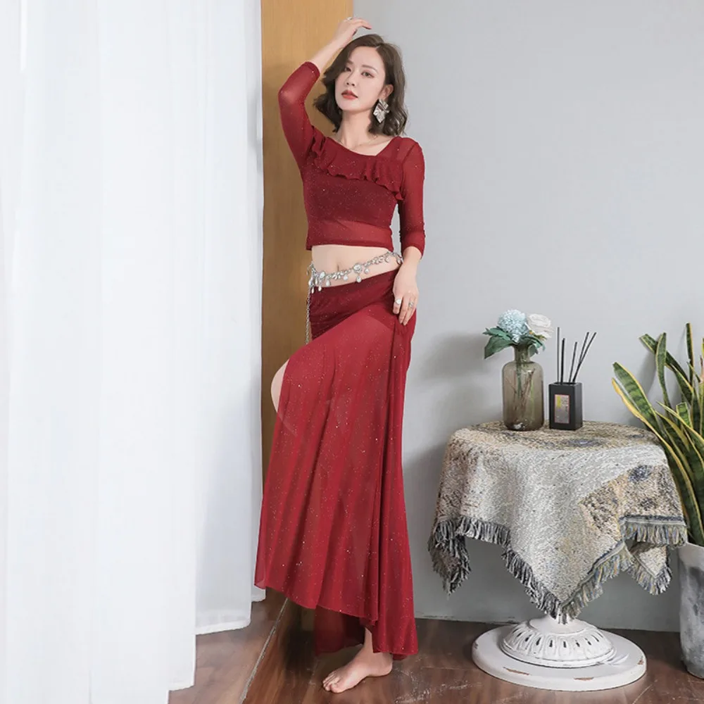 

Женский костюм для восточных танцев из двух частей: длинная юбка и топ, для практики, комфортный, на все сезоны