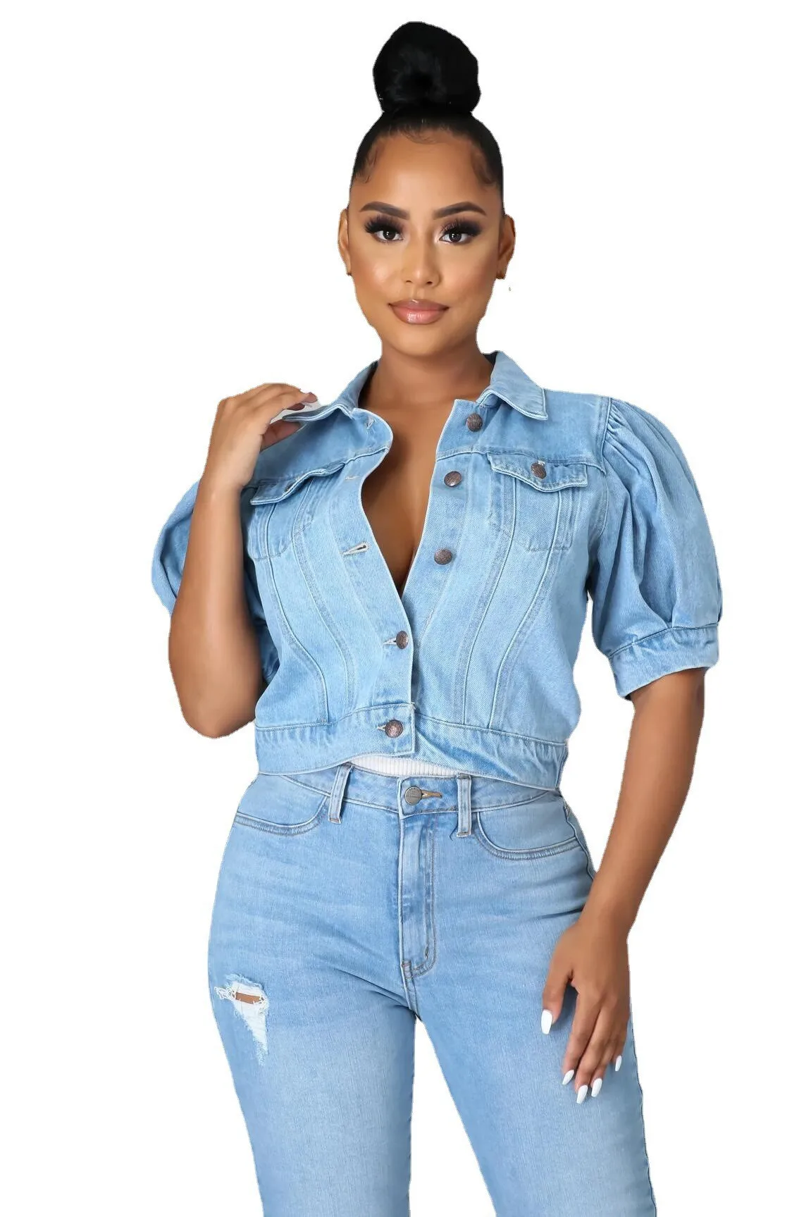 2022 New Spring Women Sexy Ripped Denim Jackets Ladies Vintage Casual Short Jean Outwear Puff Sleeve Female Coat Streetwear