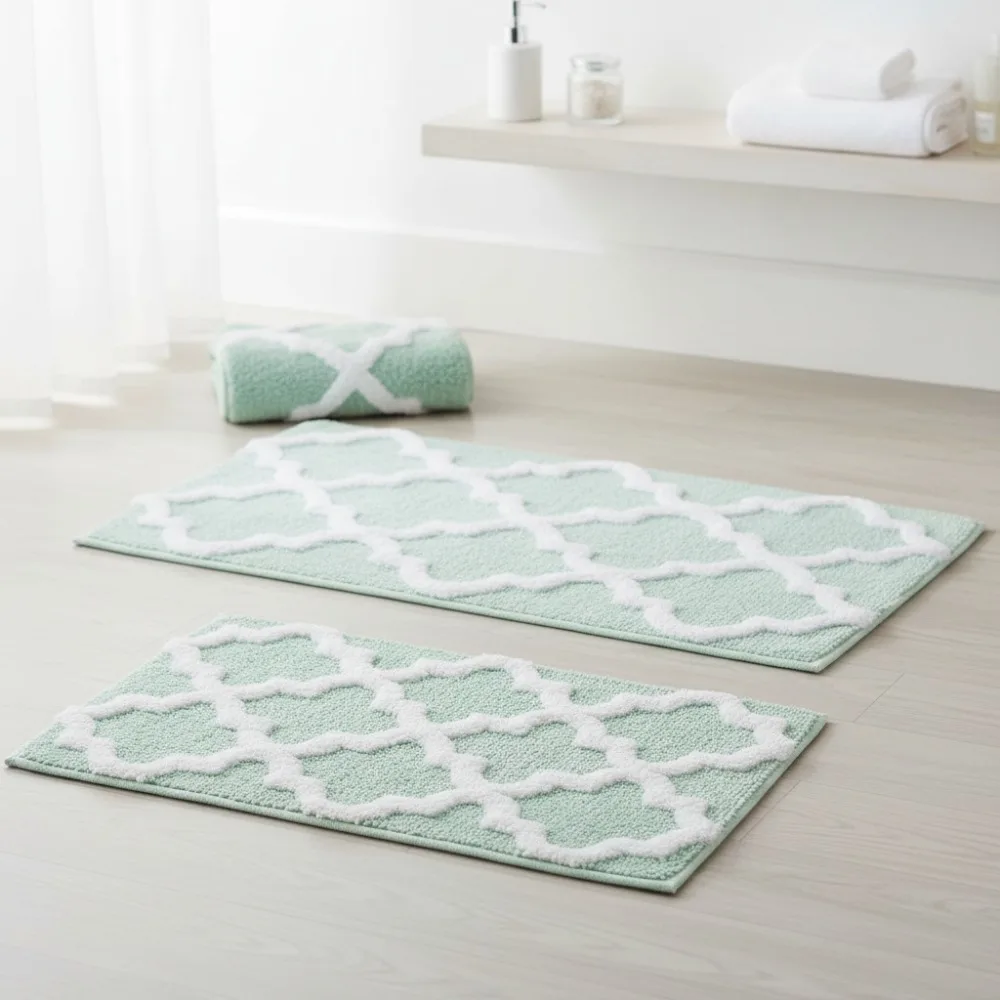 

2-Piece Cotton Bath Mat Set - Non-Slip Washable Textured Trellis Print for Elegant Home Decor