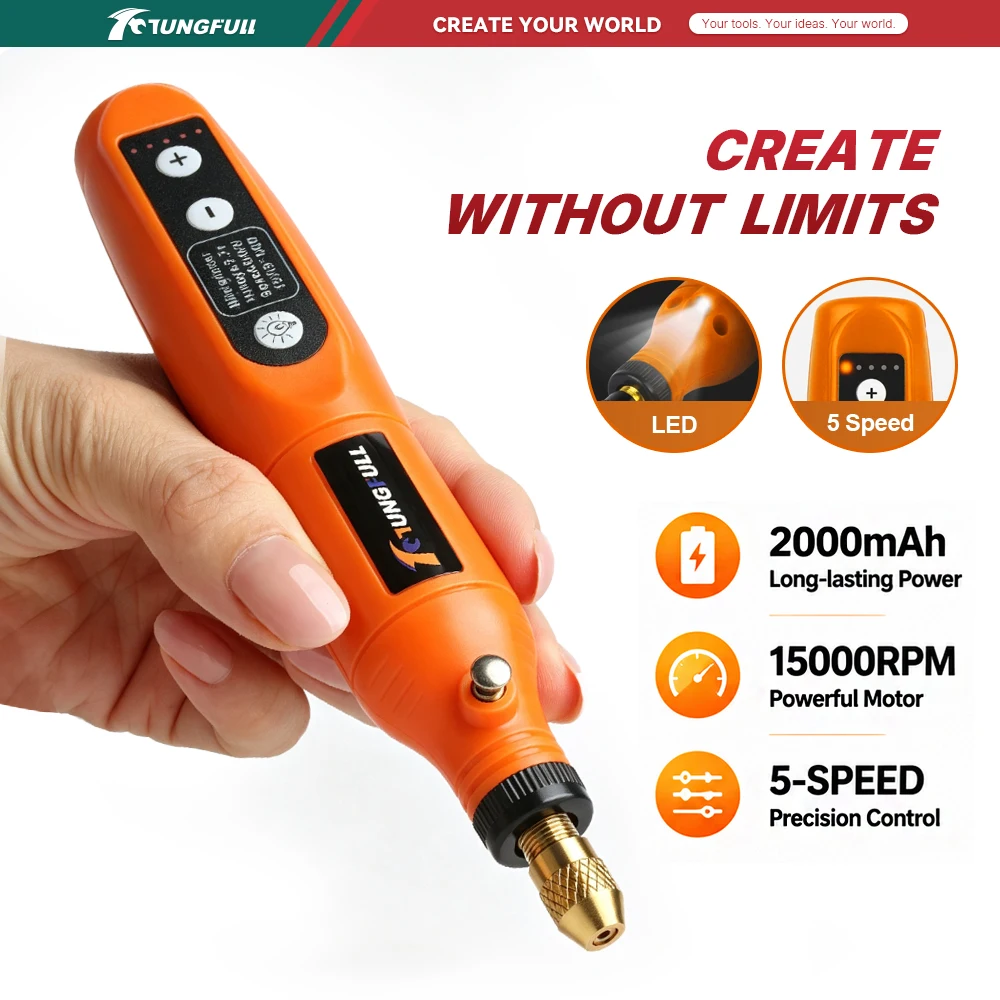TUNGFULL Cordless Electric Drill Mini Grinder with LED Light 5 Speed Control 2000mAh Battery for Home DIY Craft Tool