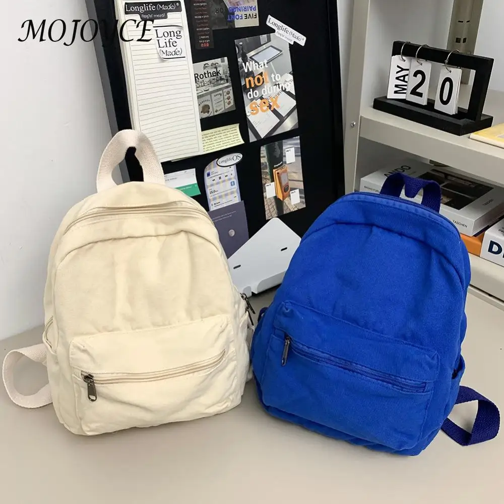 Mini Backpack for Women Solid Color School Bag Canvas Vintage Knapsack Casual Travel Bag