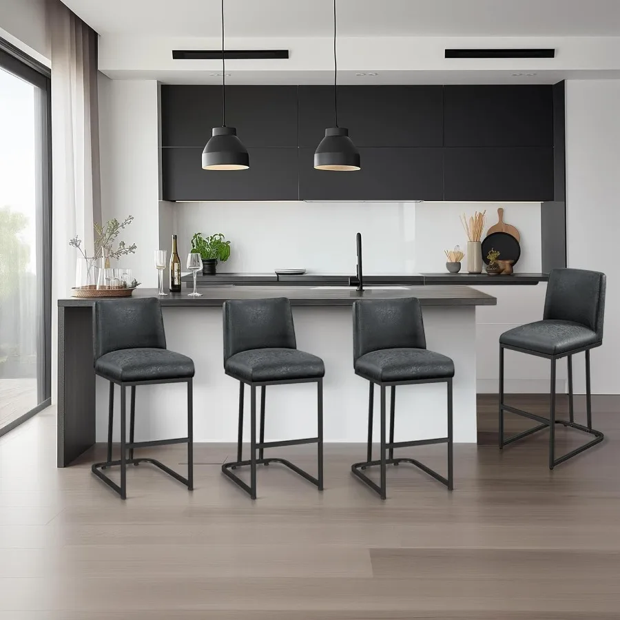 Bar stools set of 4 for kitchen counter use, polyester fabric and metal frame, dark gray, stackable and padded seat