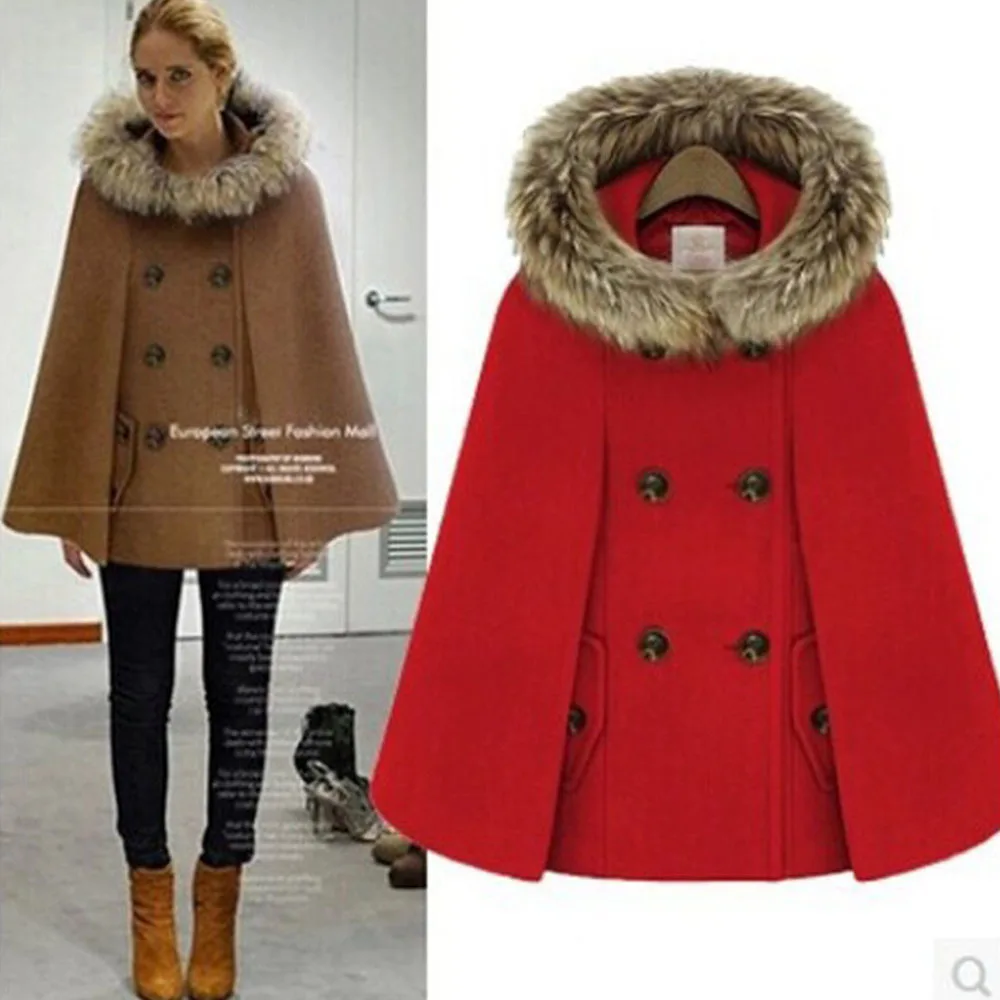 Women\'s Woolen Blends Ponchos 2023 Winter Autumn Wool Cloak Warm Faux Fur Collar Double Button Female Cape Outerwear Manteau