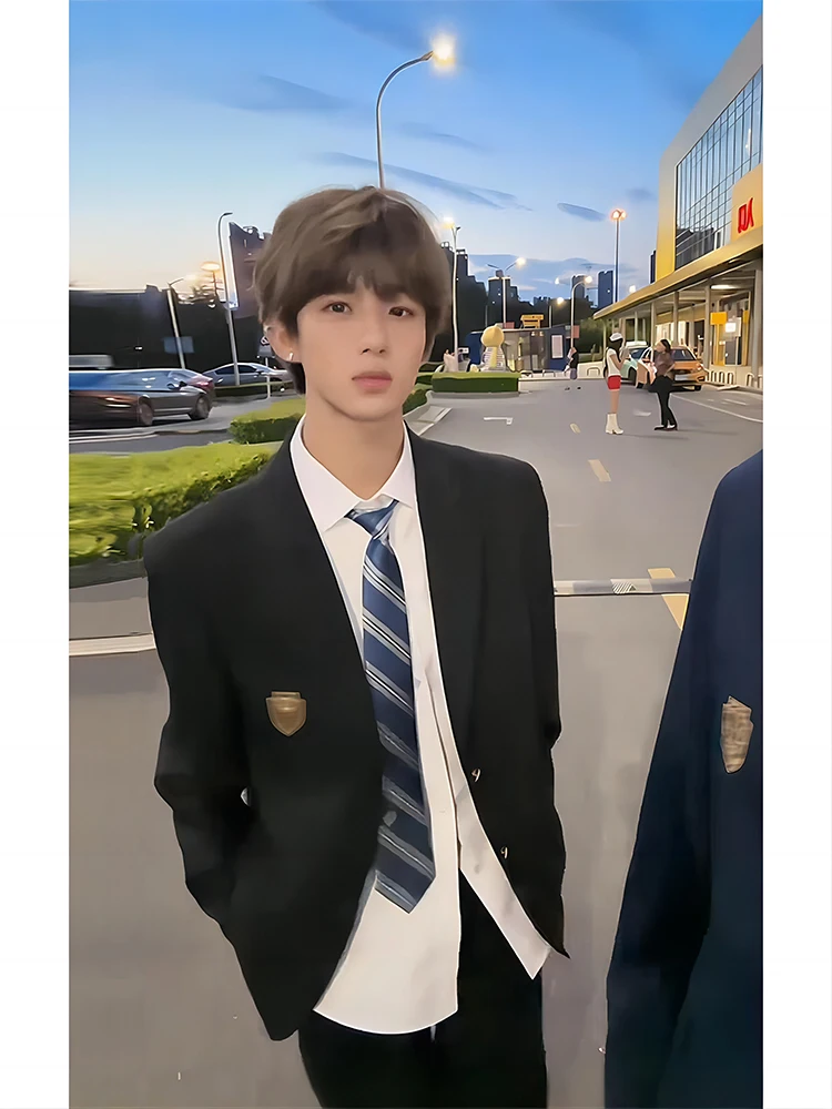 

Мужской костюм в стиле школьной формы для весеннего сезона: пиджак и брюки, повседневный свободный крой, немнущийся полиэстер, длинный рукав, на одной пуговице