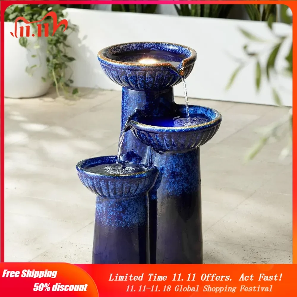 

3 Bowl Modern Outdoor Floor Water Fountain 26 3/4" High with LED Light Cascading Bowl Column for Garden Patio Backyard Deck