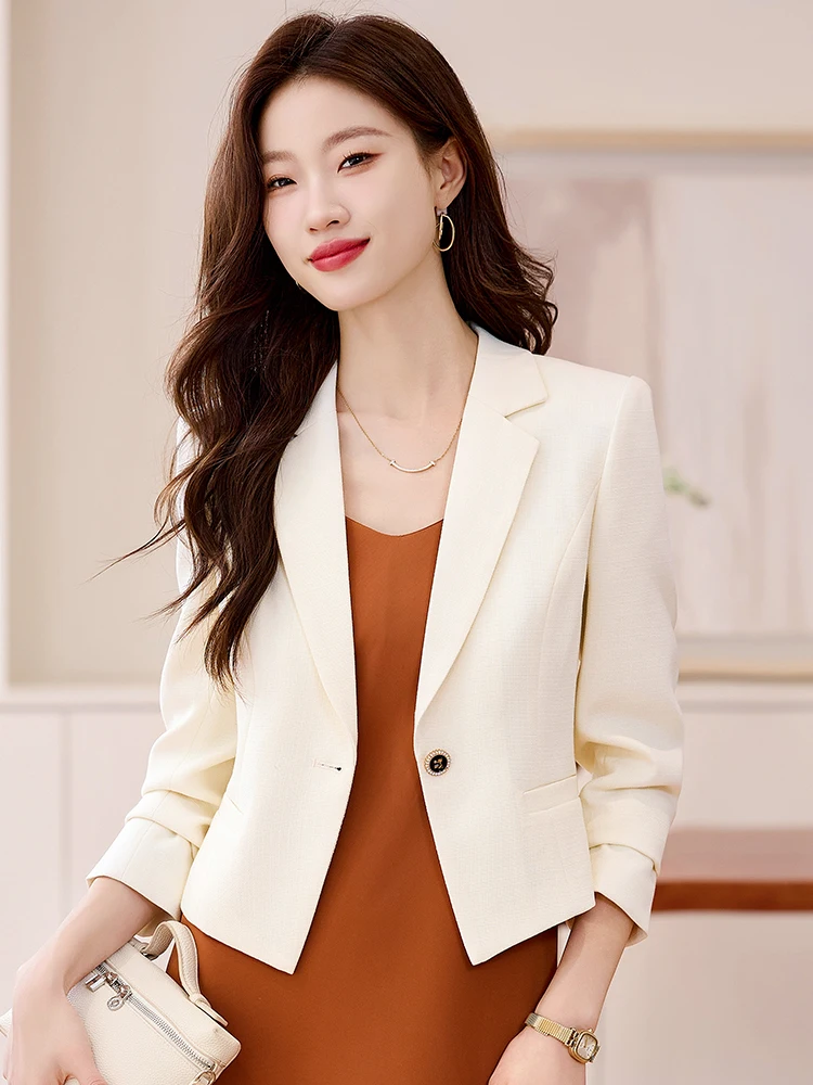 

Элегантный приталенный жакет для женщин: весенне-осенний повседневный топ-костюм премиум-класса, небольшой размер, для офиса, из полиэстера...