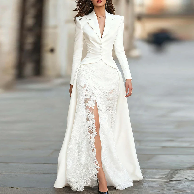 Conjunto de dos piezas de falda y Top con botones de solapa para mujer, traje de fiesta ajustado con retazos de encaje, traje elegante liso para ocasión Formal, otoño