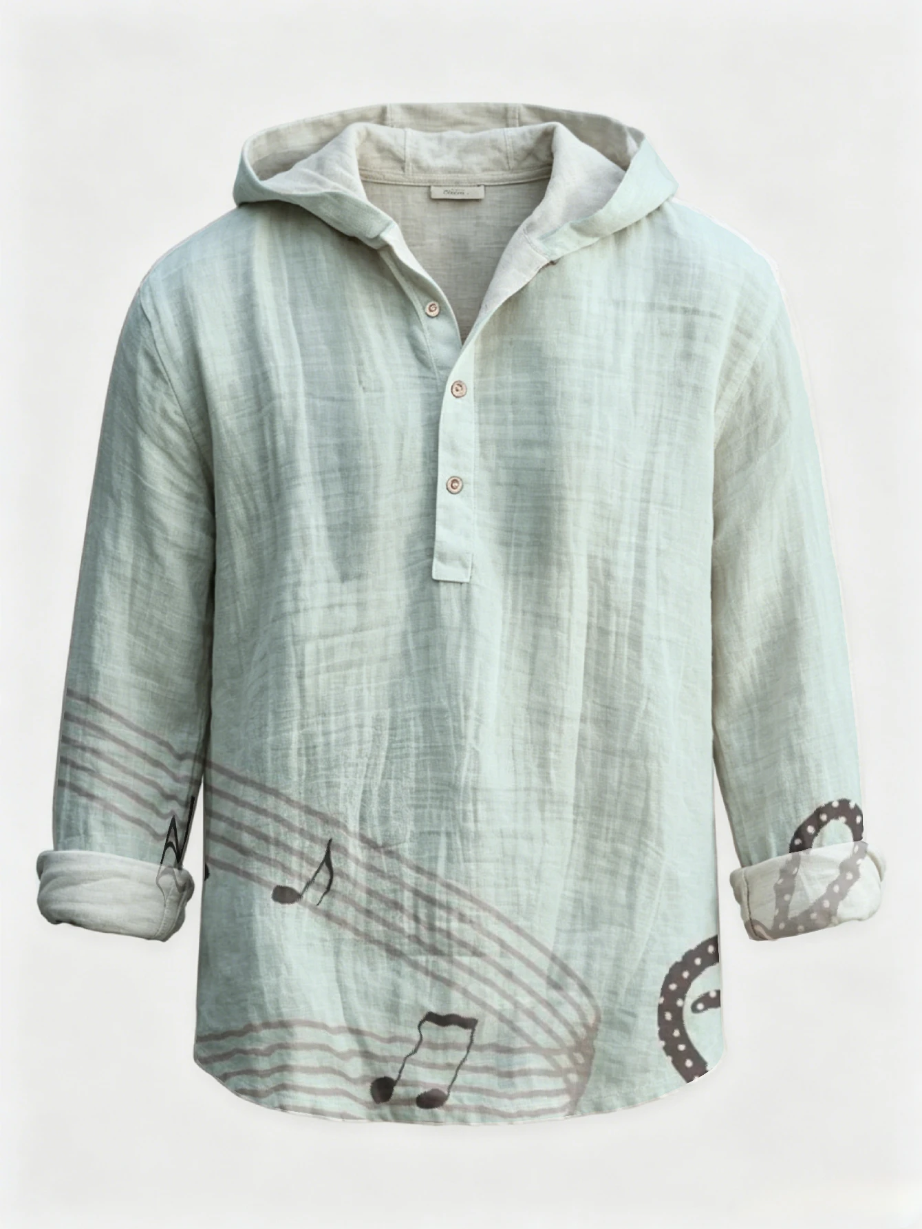 Men Retro Musical Note Staff Art Print Hooded Henley Shirt Long Sleeve Half‑Button Placket Loose Fit Music Lover Casual Tops