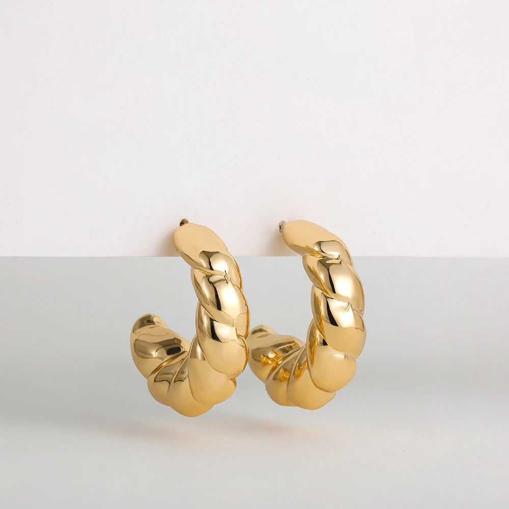 Punk 18K Gold Plated Stainless Steel C Shape Croissant Chunky Hoop Earrings for Women Twisted Polished Circle Huggie Ear Jewelry - view 4