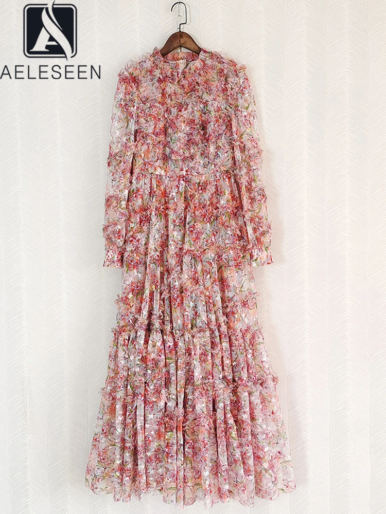 

AELESEEN Elegant Long Folds Dress For Women Spring Autumn Lantern Sleeve Pink Flower Print 3D Ruffles Gauze Mesh Patchwork Party