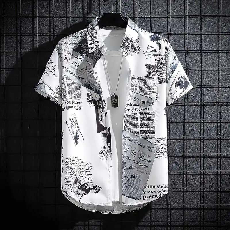 Men's Large Size O Printed Shirt Casual Top for Seaside Vacation PU Leather Special Wide Fit  Collar Nine Sleeve Length