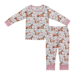 Wholesale Children Baby Girl Pajamas Long Sleeve Shirt Sleepwear Set Kids Pink Horse Pants Toddler Spring Fall Two Pieces Outfit
