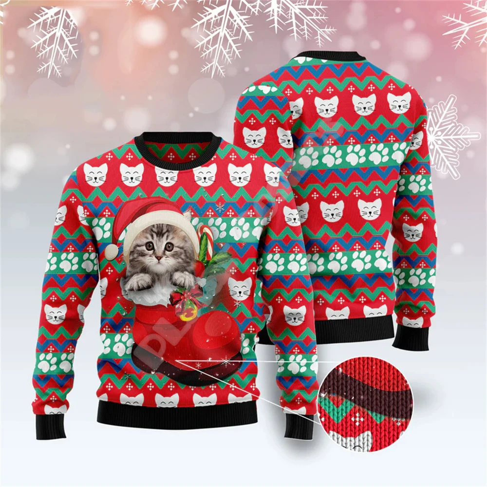 Christmas Santa Claus Cat Dog Knitted Ugly Sweater Graffiti Retro Vintage 3DPrint Pullover Harajuku Casual Funny Streetwear X15
