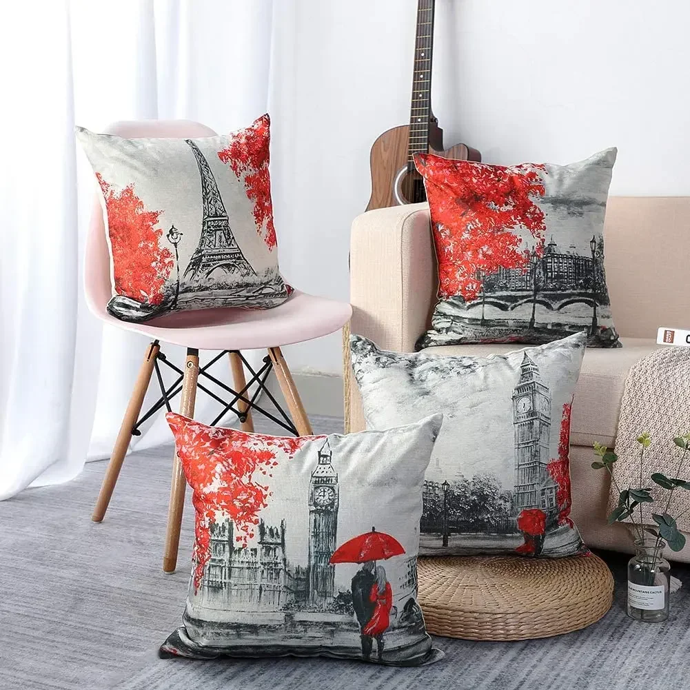Paris Oil Painting Cushion Cover, Linen Decor Pillowcase for Living Room Sofa Car Home Decor Cushion Cover