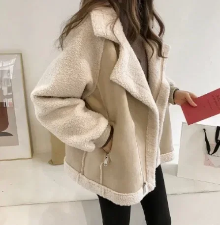 Women Loose Turn Down Collar Coats Zipper Pockets Thick Full Sleeve Winter Solid Regular Casual Splice Ladies Jackets 2024