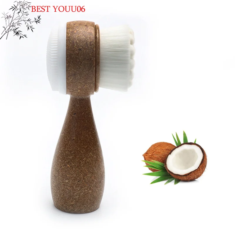 (YOUU06) Escova Facial de Coco com Cabo Dupla Face para Limpeza Facial, Remoção de Cravos e Esfoliação