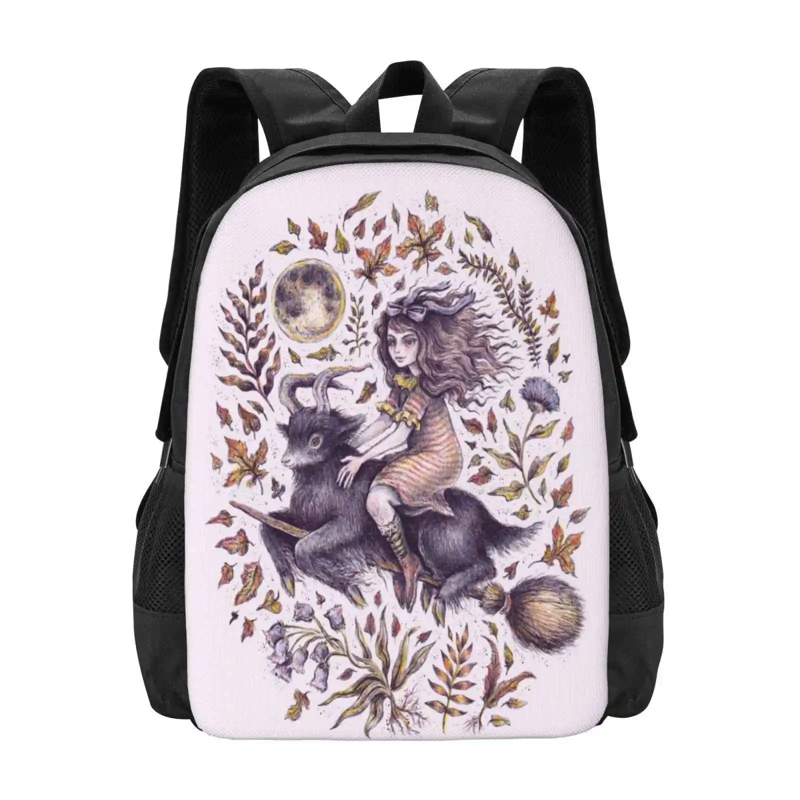 Vvitch Hot Sale Schoolbag Backpack Fashion Bags Witch Vvitch Spooky Goat Halloween Magic Broom Autumn Fall Leaves Wizard